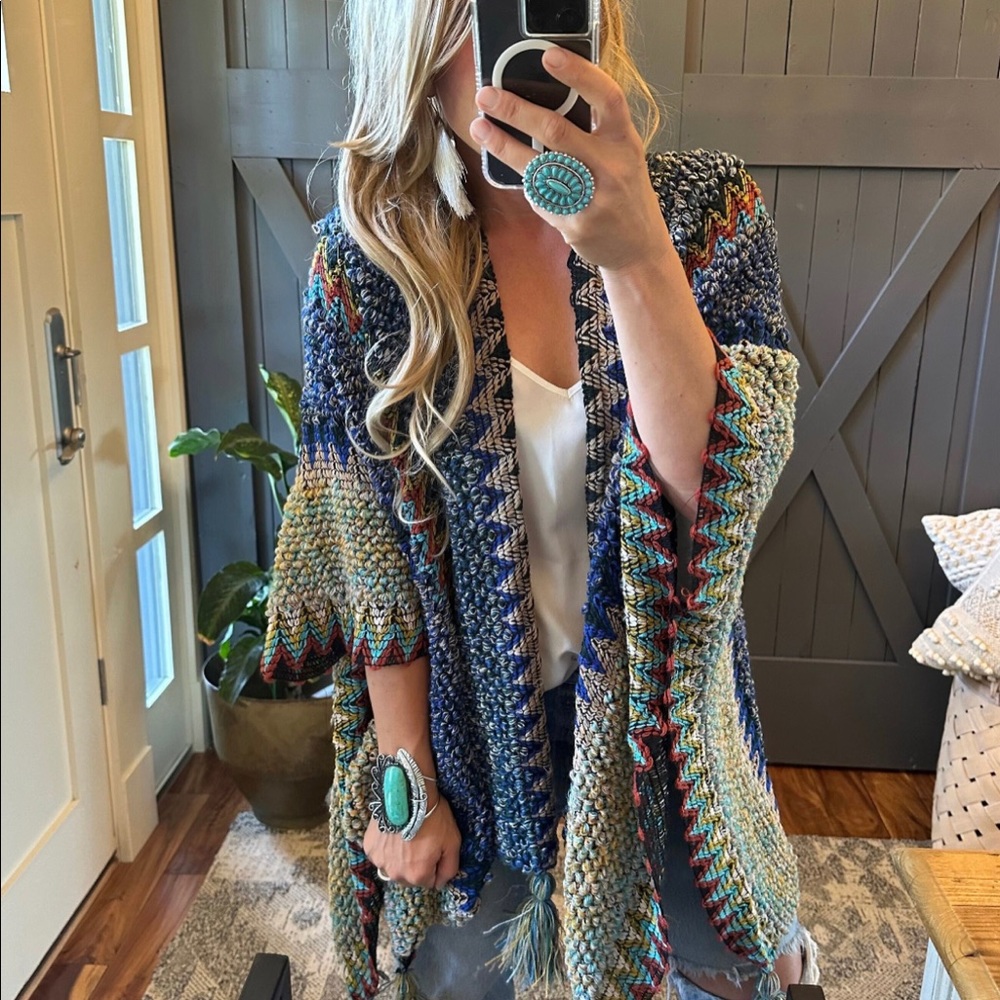 New Bohemian Loom Moroccan Knit Tasseled Blue Poncho Cardigan Sweater